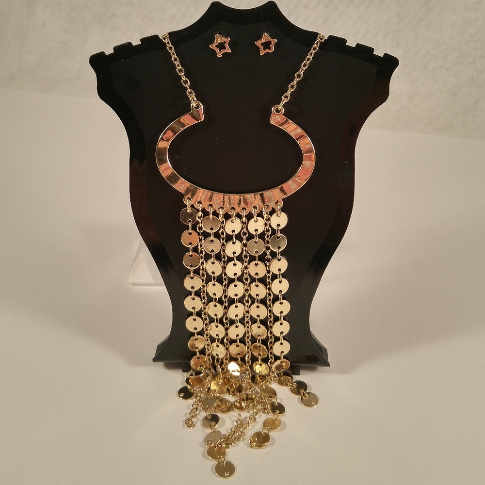 Necklace earring set gold tassel long U-shape star